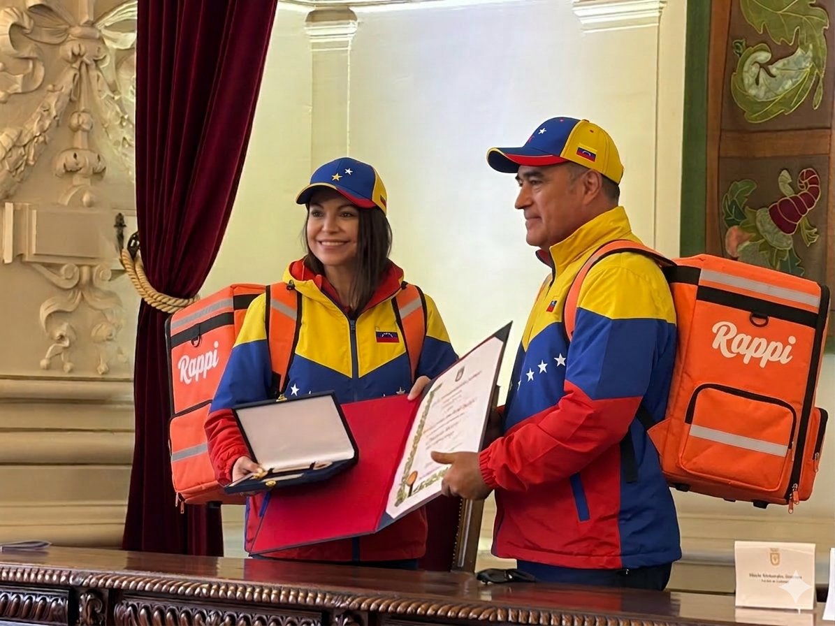 María Corina Machado y Mario Desbordes, pero con el uniforme y la mochila de entregas de Rappi